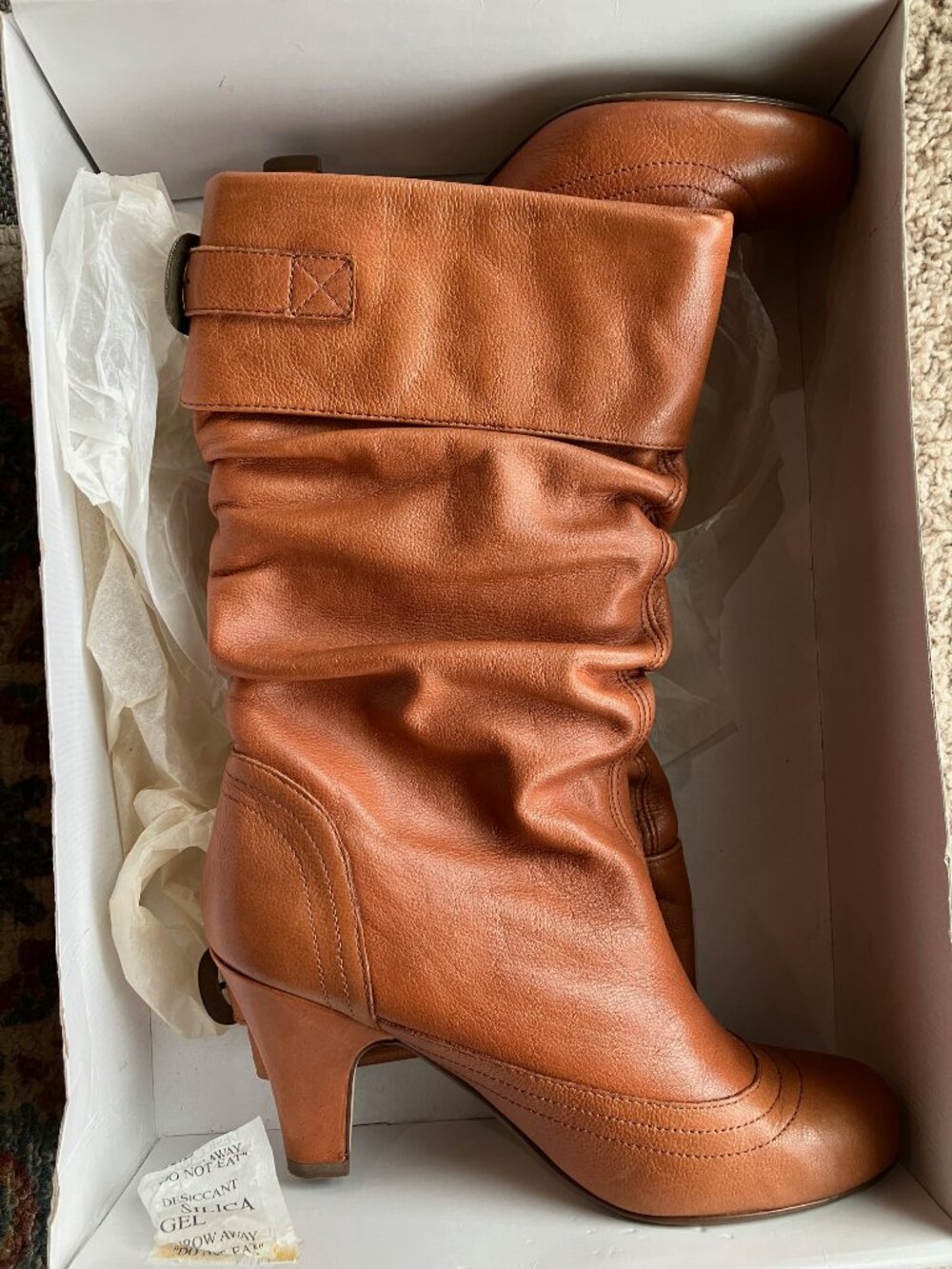 Steve Madden Boots Leather Slouch Mid Calf Cognac Buckle Heel Boho Womens 7.5